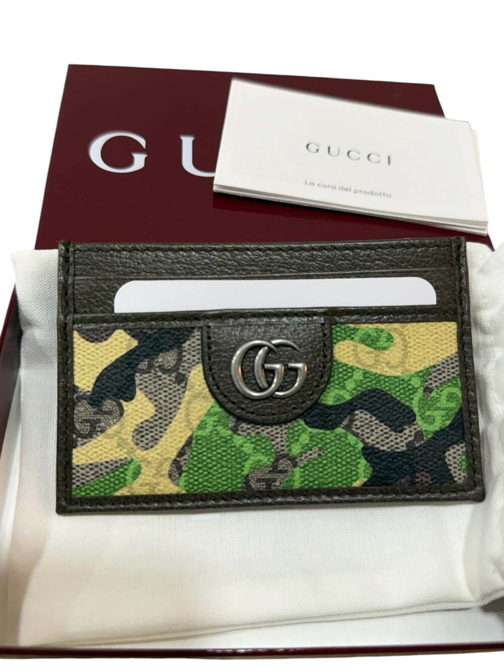 Gucci GG Icon Camouflage Brown Yellow Green GG Supreme Card Holder Wallet